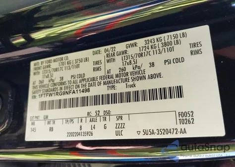 2022 Ford F150 Raptor from USA, damaged, VIN 1FTFW1RG9NFA11498